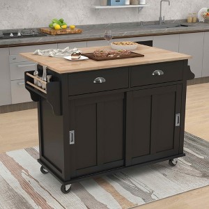 MAYEERTY White 52.2" Kitchen Cart Rubber Wood Drop-Leaf Countertop, Sliding Barn Door 2 Drawers Adjustable Height Rolling Cart - 1 of 4