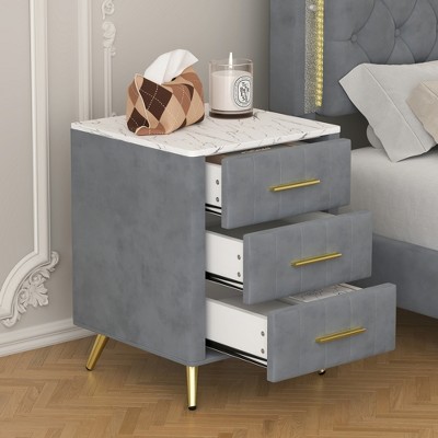 Lycvki Upholstered Wooden Nightstand with 3 Drawers and Metal Legs