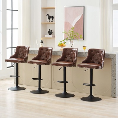 Adjustable Brown Faux Leather Swivel Bar Stools with Nailhead Trim, Set of 2