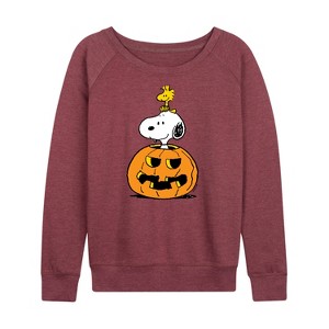 Women's - Peanuts - Snoopy Woodstock Pumpkin Lightweight French Terry Wide Neck Long Sleeve Shirt - 1 of 4
