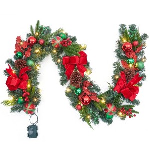 Christmas wreath ribbon decorations, adorned with festive ornaments and pine cones, are perfect for holiday home décor. - 1 of 4
