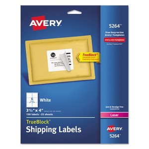 Avery Shipping Labels with TrueBlock Technology Laser 3 1/3 x 4 White 150/Pack 5264 - 1 of 4