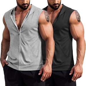 COOFANDY Men's Workout Hooded Tank Tops 2 Pack Zip Up Sleeveless Gym Shirts Muscle Cut Off T Shirt Bodybuilding Hoodies - 1 of 4