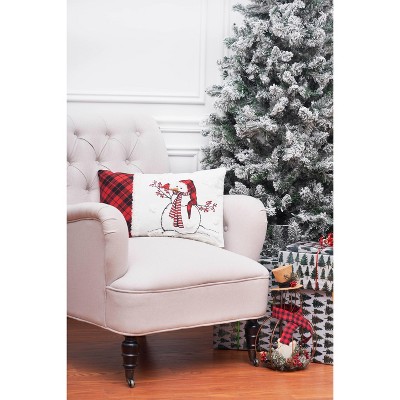 Snowman Embroidered Plaid Christmas Throw Pillow
