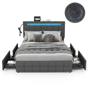 Tangkula Full Upholstered Platform Bed with LED Headboard Charging Station Storage Drawer - 1 of 4