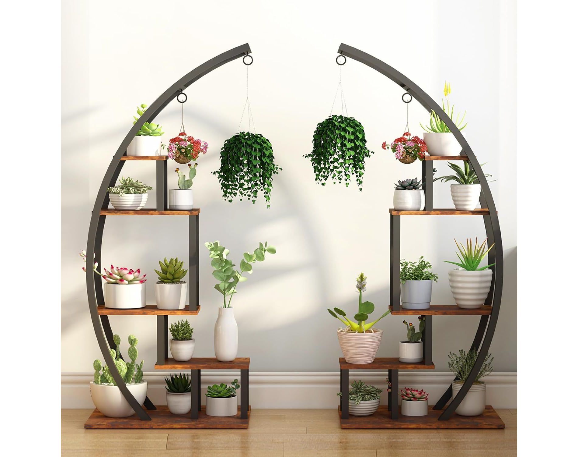 Acekool Large 5-Tier Plant Stand, Semi-Circular Metal and Wood Display Shelf with Hooks, Corner Indoor Outdoor Organizer, 56 Inch, Set of 2