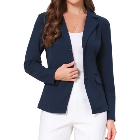 INSPIRE CHIC Women's Long Sleeves Notched Lapel Work Office Button-Down Solid Blazer with Pockets Small Navy Blue