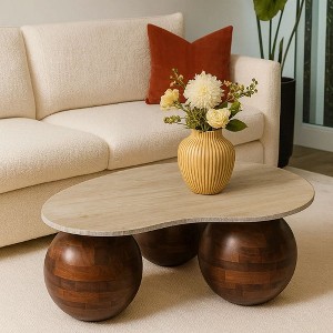 Royal Hampton Accent Coffee Table, Curved Natural Travertine Top, Round 3 Balls Wood Base - 1 of 4