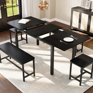 Extendable Dining Table Set for 6-8 People, Farmhouse Style Wooden Table with 2 Benches and 2 Stools, Space Saving Kitchen Dining Room Furniture Set - 1 of 4