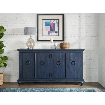 Rustic Blue 65" Solid Pine Wood TV Stand with Cabinet