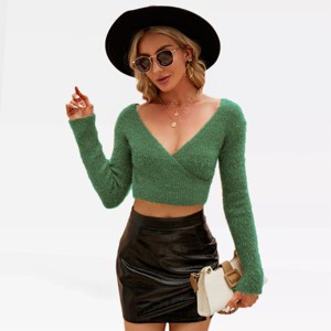Womens Trendy Crop Tops Surplice Cropped Sweaters Eyelash Knit Slim Fit Sweater Tops Fuzzy Crop Top for Matching Bodysuit/Tube Tops - 1 of 4