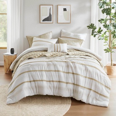 7Pcs Comforter Set Stripe Bedding with Quilt & Pillow, All Season Polyester Microfiber, Wrinkle Resistant Boho Coastal Style