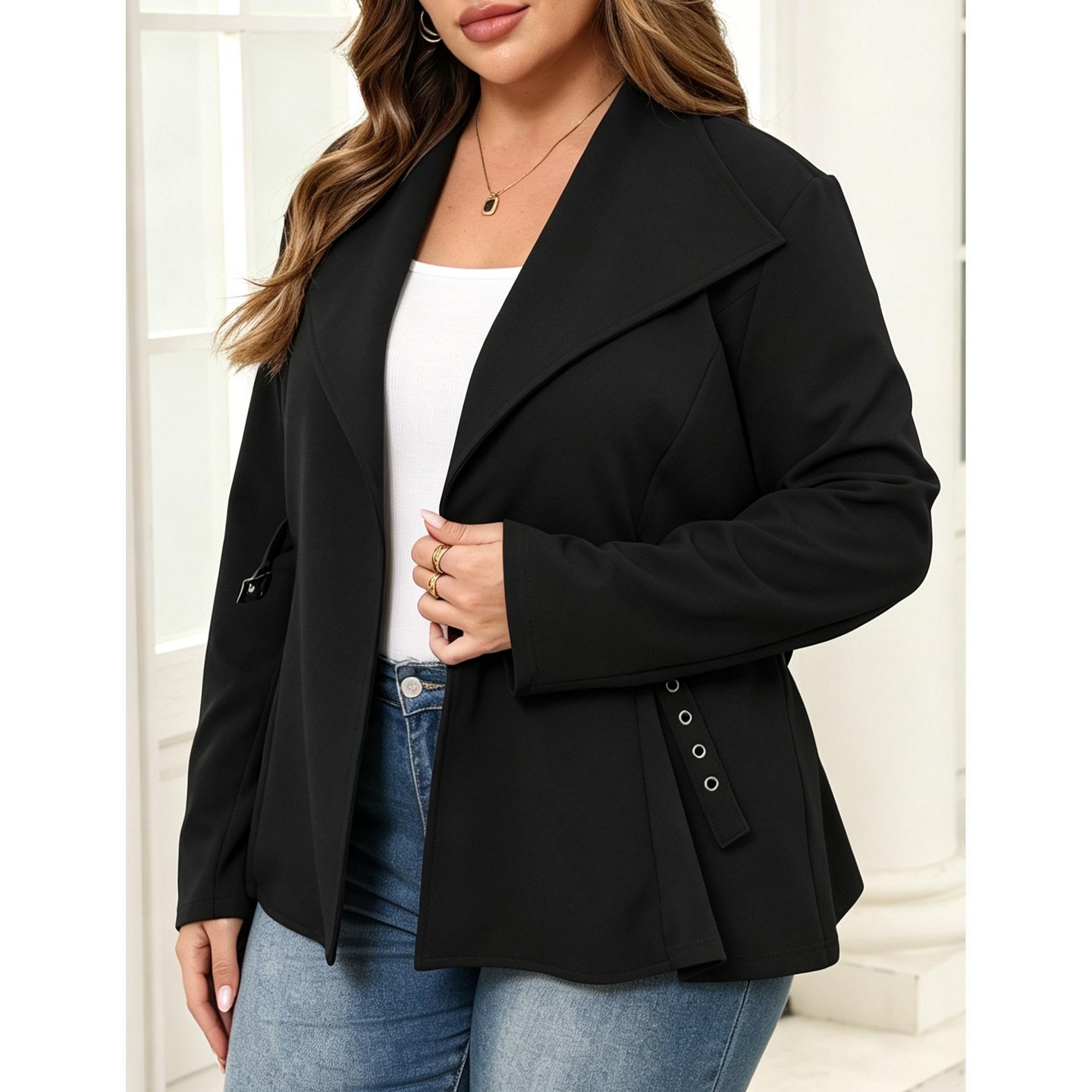 Женская куртка YesFashion Plus Size Women Open‑Front Blazer Jacket Long‑Sleeve Suit Coat Casual Business Outerwear,2XL, Black, цвет: Чёрный — фото 5