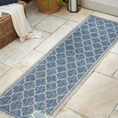 Navy and Gray Synthetic Moroccan Trellis Runner Rug, 2' x 10'