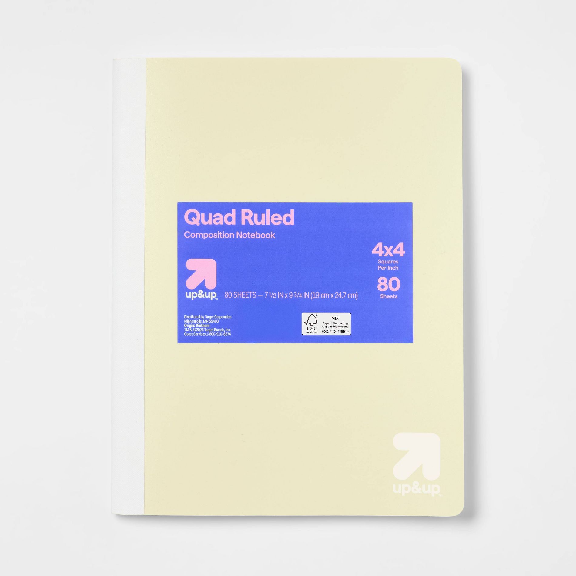 Quad Rule Composition Notebook 7.5"x9.75" Poly Cover 80 Sheets Pastel Yellow - up&up™