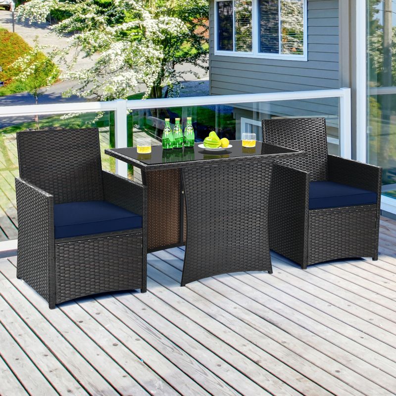 Tangkula 3PCS Patio Rattan Dining Set Space-Saving Furniture Set with Tempered Glass Top Table and Cushioned Chairs, 2 of 10