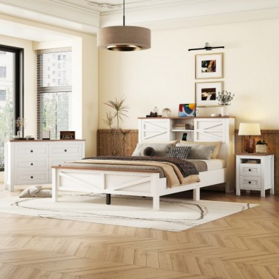 3-Pieces Bedroom Sets Queen Size Farmhouse Platform Bed with Double Sliding Door Storage Headboard, Storage Nightstand and Dresser-Maison Boucle