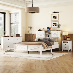 3-Pieces Bedroom Sets Queen Size Farmhouse Platform Bed with Double Sliding Door Storage Headboard, Storage Nightstand and Dresser-Maison Boucle - 1 of 4
