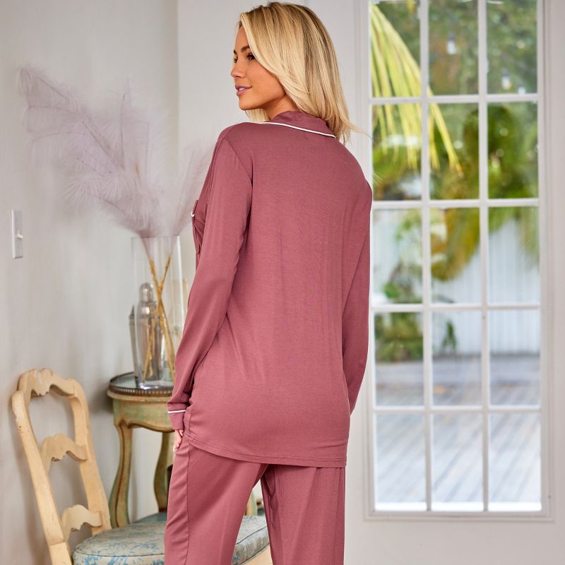 ADR Women's Soft Knit Jersey Pajamas Lounge Set, Long Sleeve Top and Pants with Pockets, 4 of 7