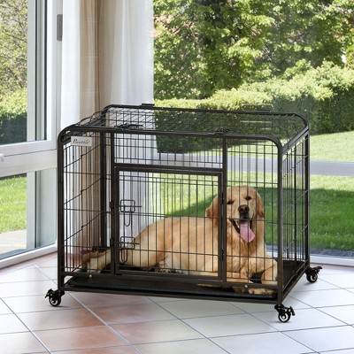 Heavy Duty Black Metal Dog Cage with Wheels and Tray, 43"