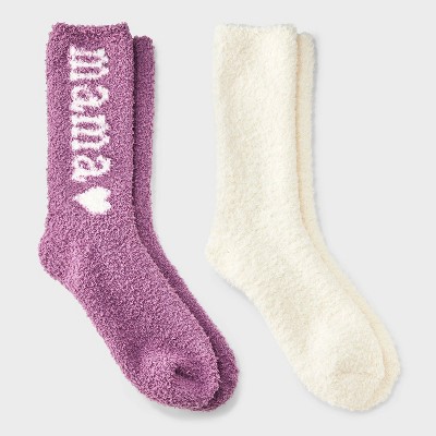 Women's "Mama" 2pk Cozy Crew Socks - Auden™ Purple/Ivory 4-10: Recycled Polyester, Knit, Tagless