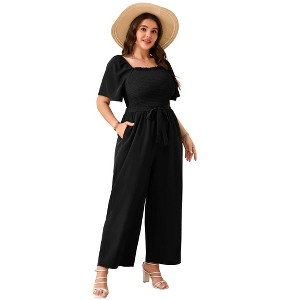 Clearlove Jumpsuits for Plus Size Women Casual Square Neck One Piece Floral Wide Leg Rompers - 1 of 4