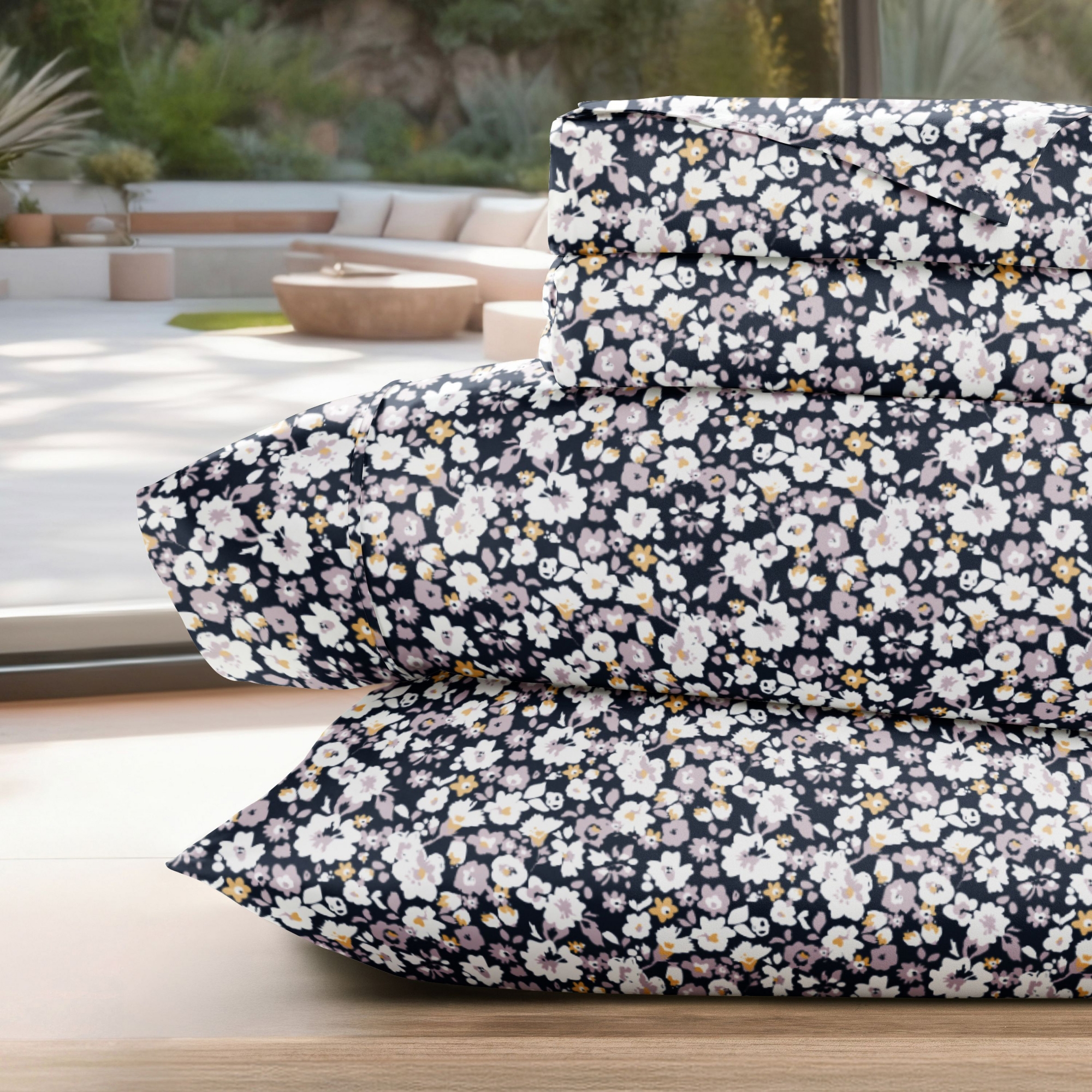 Delicate Blossoms Floral Patterned Ultra-Soft 3 Piece Bed Sheet Set - Becky Cameron, Floral Dream Navy, Twin