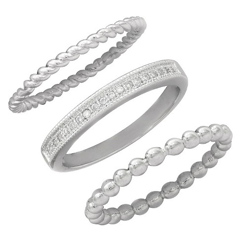Women S Cubic Zirconia Band Small Rope Band And Med Bead Band Silver Plated Stack Ring Set Target