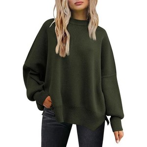 Coolmee Womens Crewneck Batwing Long Sleeve Sweaters Fall Oversized Side Slit Ribbed Knit Sweaters Pullover Tops - 1 of 4