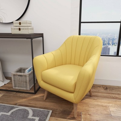 Yellow Velvet Barrel Accent Chair with Wood Legs