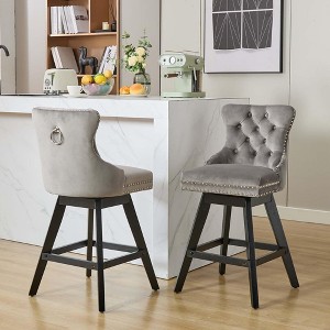 QingMoon Swivel Velvet Bar Stools Set of 2, Modern Counter Height Chairs with Button Tufted Back and Rivet Trim for Kitchen Island, Pub - 1 of 4