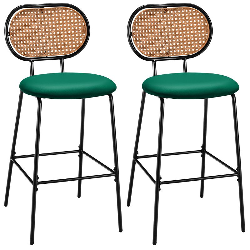 Costway Set of 2 Bar Stools Faux Leather Bar Height Kitchen Chairs with Rattan Back Brown/Green, 1 of 11