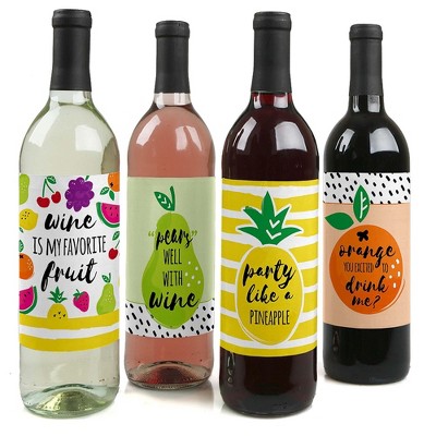 Big Dot of Happiness Tutti Fruity - Frutti Summer Baby Shower or Birthday Party Decorations for Women and Men - Wine Bottle Label Stickers - Set of 4