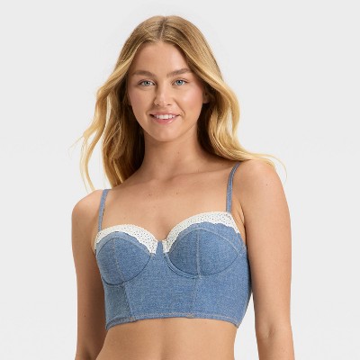 Women's Denim Lightly Lined Bralette - Colsie™ Dark Blue