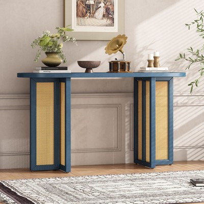 NicBex Farmhouse Console Table with Rattan Cross Legs,Narrow Solid Wood Entryway Table for Living Room,Hallway,Entryway