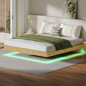 Floating Platform Bed Frame with LED Lights, Wave Wood Texture Bed with Sturdy Metal Slats, No Box Spring Needed-3irtyhousy - 1 of 4