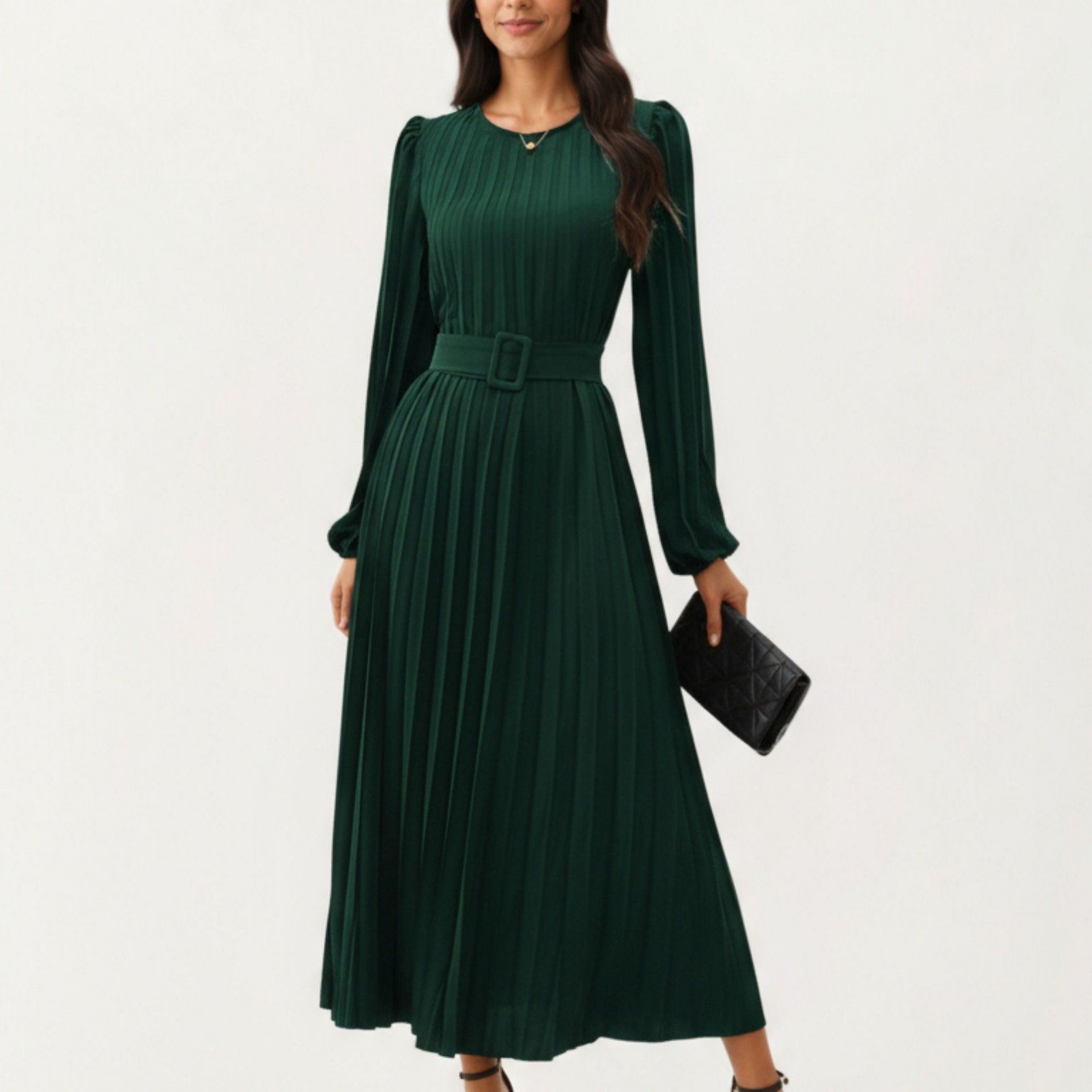 Anna-Kaci Women's Long Sleeve Pleated Maxi Dress with Belted Waist and Round Neckline