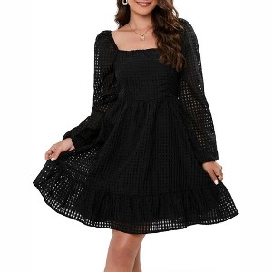 Womens Puff Sleeve Square Neck Babydoll Dress Puffy Mesh A Line Mini Dress - 1 of 4