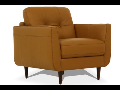 Camel Leather Deep-Seat Accent Chair with Tapered Wood Legs