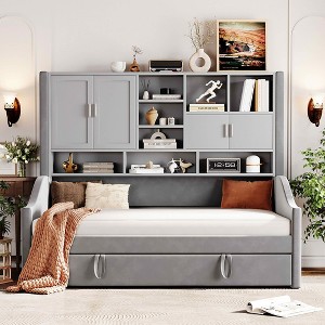 MAYEERTY Twin Size Upholstered Daybed, LED Armrest Lights Storage Shelves Trundle, Bedroom, Beige - 1 of 4