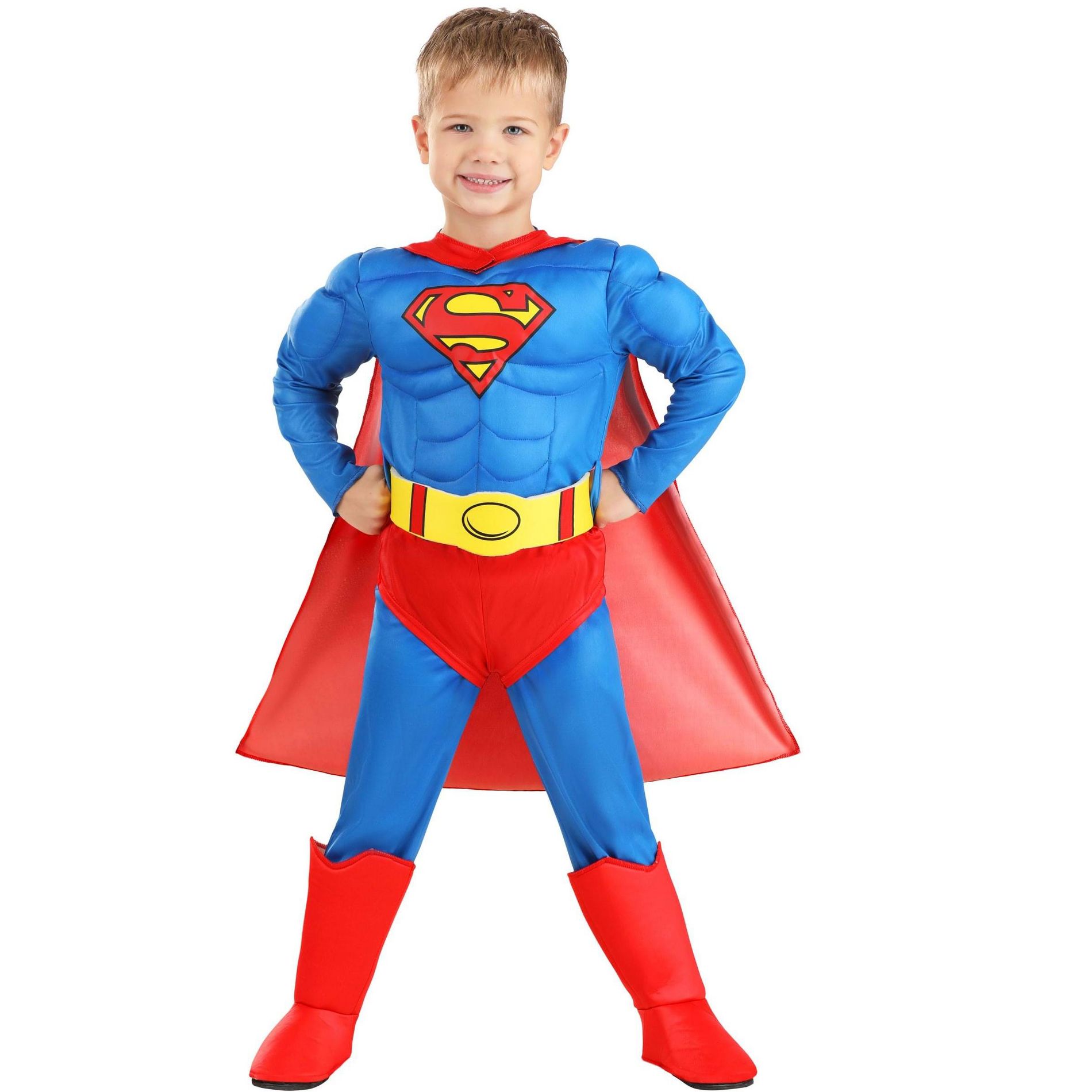 HalloweenCostumes.com Toddler Classic Superman Costume,  Red & Blue Superhero Suit & Red Cape for Movie Hero Comic Cosplay & Halloween