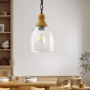 DORESshop Farmhouse 1-Light Wood Grain Pendant with Large Clear Glass Shade, Rustic E26 Hanging Light for Kitchen Island - 1 of 4