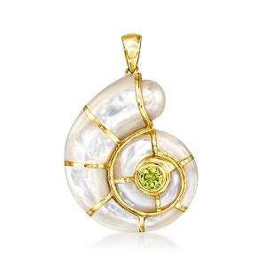 Ross-Simons Mother-Of-Pearl, 7-7.5mm Cultured Pearl and .30 Carat Peridot Shell Pendant in 14kt Yellow Gold Size 1.38 - 1 of 4