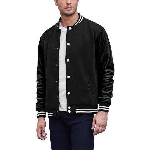 COOFANDY Mens Fashion Varsity Jackets Leather Sleeve Slim Fit College Baseball Letterman Bomber Coat Black M