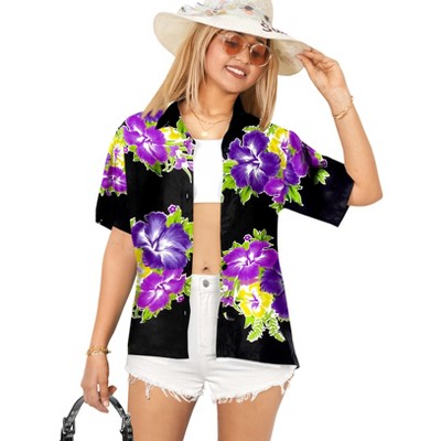 LA LEELA Women's Button Down Blouses Hawaiian Party Holidays Bohemian Shirt Tropical Vacation Short Sleeve Womens Button Up Elegant