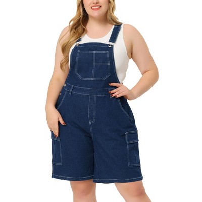 Agnes Orinda Women's Plus Size Denim Overalls Cross Back Cargo Pocket Adjustable Strap Jeans Shortalls
