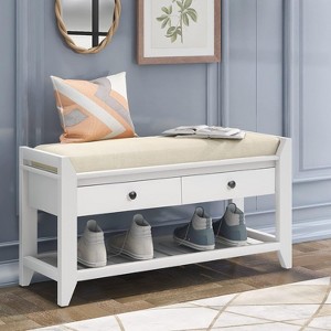 Acekool 35.4" Farmhouse Storage Bench with Cushion, 2-Tier Entryway Bench with Shelf & 2 Drawers for Bedroom, Hallway, Living Room, White - 1 of 4