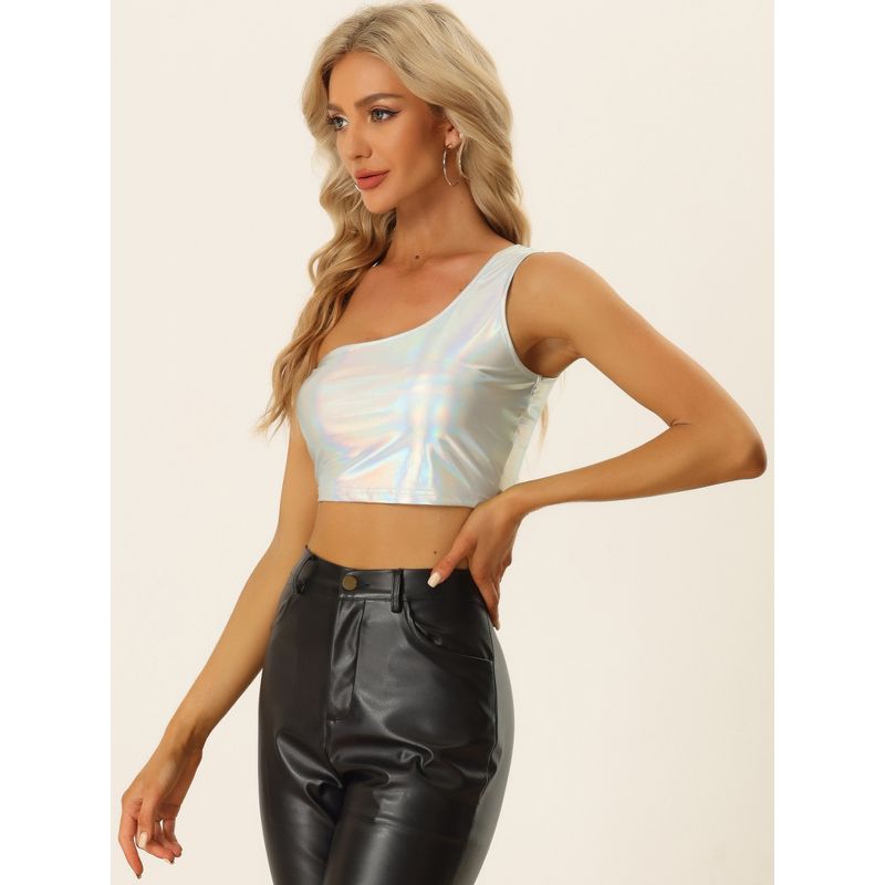 Allegra K Women's Metallic Cropped One-Shoulder Party Cropped Holographic Tank Tops, 3 of 7
