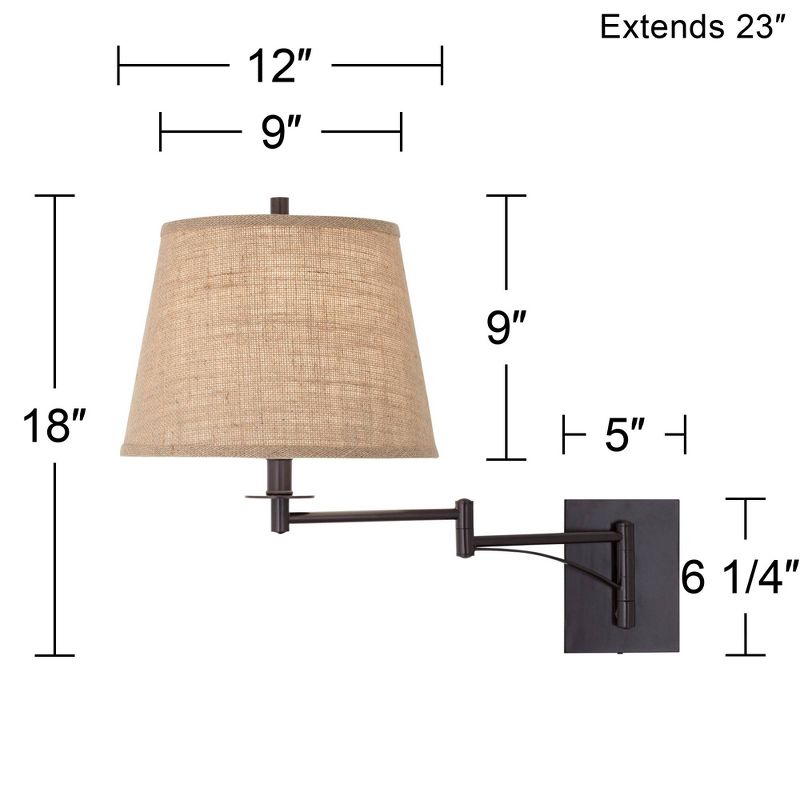 Franklin Iron Works Brinly Farmhouse Rustic Swing Arm Wall Lamp Matte Brown Metal Plug-in Light Fixture Burlap Shade for Bedroom Bedside Living Room, 4 of 9