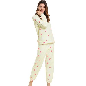 Allegra K Women's Winter Flannel Long Sleeve Nightwear Top and Pants Pajama Sets - 1 of 4